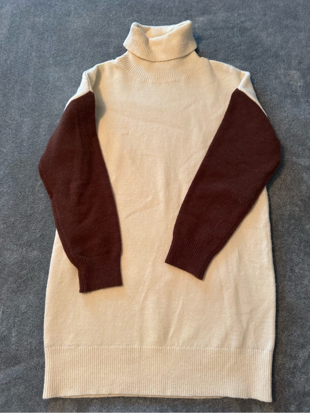 Cream Turtleneck Sweater Dress with Brown Contrast Sleeves